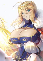 Rule 34 | 1girl, absurdres, ahoge, artoria pendragon (fate), artoria pendragon (lancer) (fate), blonde hair, blue eyes, braid, breasts, cape, cleavage, cleavage cutout, clothing cutout, covered navel, crown, fate/grand order, fate (series), fur trim, gauntlets, hair between eyes, heattech leotard, highres, holding, holding weapon, kujuu shikuro, large breasts, looking at viewer, parted lips, riding, sidelocks, solo, turtleneck, weapon