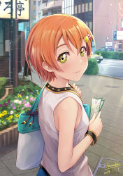Rule 34 | 1girl, artist name, bag, birthday, building, car, commentary request, coupon, dated, flower, hair ornament, heart, heart hair ornament, highres, hoshizora rin, looking at viewer, love live!, love live! school idol project, motor vehicle, orange hair, shamakho, short hair, shoulder bag, sleeveless, smile, upper body, yellow eyes