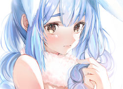 Rule 34 | 1girl, animal ears, blue hair, blush, braid, close-up, commentary request, cute mdr, don-chan (usada pekora), hand up, highres, hololive, looking at viewer, playing with own hair, profile, rabbit ears, rabbit girl, simple background, solo, twin braids, usada pekora, virtual youtuber, white background, yellow eyes