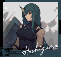 Rule 34 | 1girl, arknights, bare shoulders, black shirt, breasts, character name, commentary request, facial scar, green hair, grey eyes, hair ornament, hannya (arknights), highres, horns, hoshiguma (arknights), jewelry, large breasts, long hair, looking at viewer, magatama, magatama necklace, mongarit, necklace, scar, scar on cheek, scar on face, shield, shirt, single horn, sleeveless, sleeveless shirt, solo, stitches, upper body