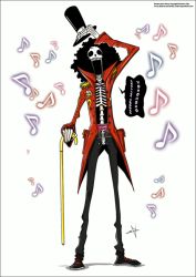 Rule 34 | 1boy, belt, black hair, brook (one piece), cane, cane sword, eliz0r, epaulettes, full body, hat, jacket, male focus, musical note, one piece, open clothes, open jacket, open mouth, red jacket, ribs, sash, skeleton, skull, solo, standing, top hat