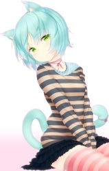 Rule 34 | 1girl, animal ears, blue hair, blush, cat ears, cat tail, gradient background, green eyes, long sleeves, original, red thighhighs, shirt, short hair, simple background, sitting, skirt, solo, striped clothes, striped shirt, striped thighhighs, tail, thighhighs, v arms, zettai ryouiki, zizi (zz22)