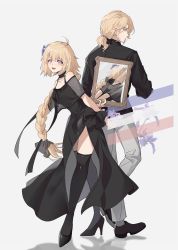 Rule 34 | 1boy, 1girl, :d, absurdres, ahoge, arms behind head, bare shoulders, black bow, black choker, black dress, black footwear, black shirt, black thighhighs, blonde hair, blouse, bow, character request, choker, dress, dullnoko, fate/grand order, fate (series), france (hetalia), from behind, grey background, grey pants, high heels, highres, holding, holding mirror, jeanne d&#039;arc (fate), leaning forward, long braid, long hair, looking at viewer, low ponytail, mirror, off-shoulder dress, off shoulder, open mouth, pants, purple eyes, reflection, see-through, shirt, shoes, short sleeves, side slit, simple background, smile, thighhighs, very long hair