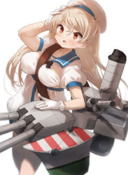 Rule 34 | 1girl, blonde hair, blush, brown eyes, conte di cavour (kancolle), cosplay, dress, gloves, hat, highres, kaiboukan no. 4 (kancolle), kaiboukan no. 4 (kancolle) (cosplay), kantai collection, long hair, machinery, open mouth, puffy short sleeves, puffy sleeves, rigging, sailor hat, short sleeves, simple background, solo, toka (marchlizard), turret, white background, white dress, white gloves, white hat