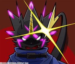 Rule 34 | 1boy, bandai, cape, copyright name, digimon, evil, fangs, glowing, glowing eyes, gulusgammamon, incoming attack, looking at viewer, neon lights, official art, shaded face, simple background, spiked tail, tail, weapon