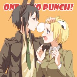Rule 34 | 2girls, animal ears, bad id, bad pixiv id, black hair, blonde hair, blowing bubbles, blue eyes, blush, chewing gum, dominica s. gentile, hand on another&#039;s head, head wings, highres, jane t. godfrey, kisetsu, military, military uniform, multiple girls, necktie, open mouth, short hair, strike witches, strike witches: kurenai no majo-tachi, uniform, wings, world witches series, yuri