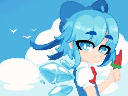 Rule 34 | 1girl, bird, blue eyes, blue hair, blush, bow, cirno, cloud, food, fruit, hair ornament, holding, ice, looking at viewer, minimilieu, pixel art, portrait, shirt, short hair, smile, solo, standing, thick eyebrows, touhou, watermelon
