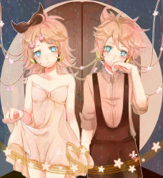 Rule 34 | 1boy, 1girl, bad id, bad pixiv id, blonde hair, blue eyes, brother and sister, cherry blossoms, clothes lift, dress, dress lift, hair ribbon, hand to own mouth, headphones, isago (ica), kagamine len, kagamine rin, overalls, pink dress, pink skirt, ribbon, siblings, skirt, twins, vocaloid