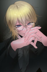 Rule 34 | 1boy, absurdres, black background, black jacket, blonde hair, blue eyes, closed mouth, commentary request, ddu 45, glasses, grey necktie, grey shirt, hair between eyes, highres, jacket, kamiki hikaru, korean commentary, long sleeves, looking at viewer, male focus, necktie, oshi no ko, own hands together, shirt, short hair, solo, star-shaped pupils, star (symbol), symbol-shaped pupils, upper body
