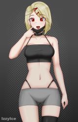 Rule 34 | 1girl, arm up, artist name, bare shoulders, black choker, black mask, black shirt, breasts, choker, collarbone, crop top, feet out of frame, girls&#039; frontline, grey shorts, hair ornament, hairpin, highres, izzyice, light green hair, looking at viewer, mask pull, medium breasts, navel, open mouth, piercing, red eyes, shirt, short hair, shorts, simple background, smile, solo, sr-2 (girls&#039; frontline), standing, stomach, tongue, tongue out, tongue piercing