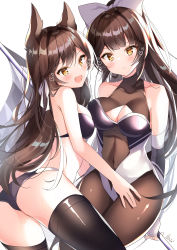 Rule 34 | 2girls, :d, absurdres, animal ears, armpit crease, ass, atago (azur lane), atago (stunning speedster) (azur lane), azur lane, bare arms, bare shoulders, bikini, black bikini, black legwear, bodysuit, bow, breasts, brown eyes, brown hair, brown legwear, checkered flag, cleavage, collarbone, covered navel, elbow gloves, fingerless gloves, flag, from behind, gloves, hair bow, hair ribbon, hand on another&#039;s thigh, highres, holding, large breasts, leaning forward, long hair, looking at viewer, looking back, multiple girls, nenobi (nenorium), open mouth, ponytail, race queen, revealing clothes, ribbon, smile, sweat, swimsuit, takao (azur lane), takao (full throttle charmer) (azur lane), thighhighs, thighs, very long hair