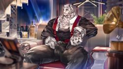 Rule 34 | 1boy, animal ears, arknights, bara, black pants, black tank top, bulge, feet out of frame, furry, furry male, indoors, jacket, jidibeng (syzenss), large pectorals, male focus, mountain (arknights), muscular, muscular male, office, official alternate costume, open clothes, open jacket, open shirt, pants, pectorals, scar, scar across eye, scar on face, short hair, sitting, solo, spread legs, tank top, thick thighs, thighs, tiger boy, tiger ears, tiger stripes, white fur