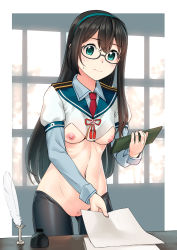 Rule 34 | 1girl, black hair, black legwear, breasts, casual, cleft of venus, clipboard, cropped shirt, female pubic hair, glasses, green eyes, hairband, highres, holding, holding paper, indoors, jakelian, kantai collection, long hair, long sleeves, meme attire, navel, nipples, ooyodo (kancolle), paper, pubic hair, pussy, revealing clothes, reverse bunnysuit, reverse outfit, school uniform, semi-rimless eyewear, serafuku, shrug (clothing), small breasts, solo, standing, table, uncensored, under-rim eyewear, window