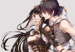 Rule 34 | 10s, 1boy, 1girl, aki663, artist name, ayer, bandaged arm, bandages, bandaid, bandaid on cheek, bandaid on face, bandaid on nose, black hair, blunt bangs, blush, breasts, brother and sister, cleavage, covering own mouth, cropped jacket, ear piercing, floating hair, goggles, goggles on head, granblue fantasy, grey background, grin, hair over eyes, holding own arm, hood, hood down, hooded vest, hoodie, jessica (granblue fantasy), large breasts, long hair, looking at another, nose blush, open mouth, parted lips, piercing, purple eyes, shaded face, siblings, signature, simple background, smile, teeth, upper body, very long hair, vest