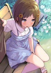 Rule 34 | 1girl, bang dream!, bench, blue dress, blush, breasts, brown eyes, brown footwear, brown hair, collared shirt, commentary request, day, dress, fingernails, floral print, flower, flying sweatdrops, hair flower, hair ornament, hazawa tsugumi, looking away, looking to the side, on bench, open mouth, outdoors, park bench, print dress, sandals, shipii (jigglypuff), shirt, short hair, short sleeves, sitting, small breasts, solo, sunflower, sunflower hair ornament, unmoving pattern, white flower, white shirt, yellow flower