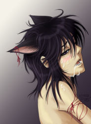 Rule 34 | 1girl, animal ears, black hair, blush, cat ears, cat girl, cum, cum in mouth, female focus, gradient background, open mouth, profile, purple eyes, ribbon, solo