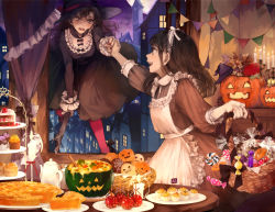 Rule 34 | 2girls, :d, apple pie, apron, basket, black dress, black hair, blush, breasts, broom, broom riding, brown eyes, brown hair, building, cake, candle, candlestand, candy, candy apple, commentary, cup, cupcake, curtains, d:, dress, drinking glass, fang, floating, flower, food, frilled apron, frilled cuffs, frills, fruit, full moon, glass, halloween, hat, headband, holding, holding basket, holding hands, jack-o&#039;-lantern, kakmxxxny06, long hair, long sleeves, maid, maid apron, medium breasts, moon, multiple girls, nail polish, night, open mouth, original, pantyhose, pie, pink legwear, plate, profile, pumpkin, pumpkin soup, purple sky, red flower, red rose, rose, sky, sleeve cuffs, smile, soup, strawberry, sweatdrop, table, teapot, tower, window, wine glass, witch, witch hat, wrapped candy