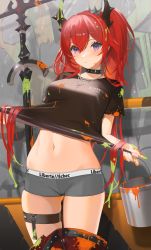 Rule 34 | 1girl, arknights, black shirt, blouse, choker, closed mouth, clothes lift, commentary request, cowboy shot, eyebrows hidden by hair, groin, hair between eyes, highres, horns, long hair, looking at viewer, midriff, nanam (nanam sk), navel, official alternate costume, paint splatter, panties, shirt, shirt lift, sidelocks, skindentation, solo, standing, stomach, surtr (arknights), sword, thigh strap, underwear, weapon