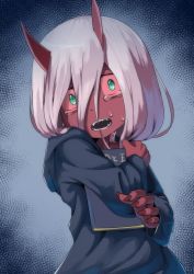 Rule 34 | 10s, 1girl, black robe, book, hugging book, colored sclera, colored skin, commentary request, darling in the franxx, green eyes, grey hair, hair between eyes, highres, holding, holding book, hood, hood down, hooded robe, horns, kagarimachi konatsu, long hair, long sleeves, looking at viewer, nail polish, hugging object, open mouth, red nails, red sclera, red skin, robe, sharp teeth, solo, spoilers, tears, teeth, aged down, zero two (darling in the franxx)