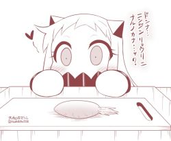 Rule 34 | 10s, 1girl, abyssal ship, blush, carrot, contemporary, covered mouth, cutting board, heart, horns, kantai collection, long hair, mittens, monochrome, northern ocean princess, solo, translation request, yamato nadeshiko