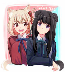 Rule 34 | 2girls, :d, animal ears, black hair, blonde hair, cat ears, cat tail, collared shirt, commentary request, dated, dog ears, dog tail, hair ribbon, inoue takina, long hair, lycoris recoil, multiple girls, nishikigi chisato, open mouth, purple eyes, red eyes, red ribbon, ribbon, rt enpt, shirt, short hair, smile, tail