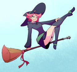 Rule 34 | 10s, 1girl, amanda o&#039;neill, aqua background, boots, broom, full body, green eyes, hat, little witch academia, little witch academia:the enchanted parade, looking at viewer, pink hair, short hair, simple background, smile, solo, teal background, witch, witch hat