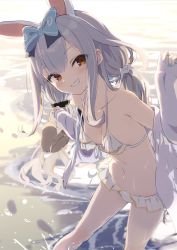 Rule 34 | 1girl, animal ears, beach, breasts, collarbone, commentary request, gotyou, highres, long hair, looking at viewer, mochizuki himari, navel, rabbit ears, sandals, small breasts, solo, swimsuit, uni create, virtual youtuber, white hair, yellow eyes