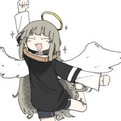 Rule 34 | 1girl, :3, angel, angel wings, arm up, black shirt, black shorts, blush, bread, bread slice, closed eyes, food, food as clothes, grey hair, halo, hatching (texture), highres, layered sleeves, long hair, long sleeves, original, outstretched arms, shirt, shoes, short over long sleeves, short shorts, short sleeves, shorts, sidelocks, simple background, sneakers, solo, sparkle, standing, standing on one leg, torosakana, very long hair, white background, white footwear, white sleeves, wings