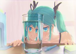 Rule 34 | 1girl, absurdres, aqua eyes, aqua hair, backlighting, bare shoulders, book, chromatic aberration, collarbone, commentary, cup, drinking glass, hair ribbon, hatsune miku, highres, indoors, looking at viewer, meltymap, paper, pen, refraction, ribbon, smile, solo, spaghetti strap, table, twintails, upper body, v-shaped eyebrows, vocaloid, water, window