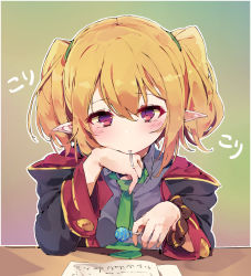 Rule 34 | 1girl, black coat, blonde hair, blush, brown scrunchie, candy, chloe (princess connect!), coat, collared shirt, food, food in mouth, gradient background, green necktie, grey shirt, hair between eyes, hand up, highres, holding, holding candy, holding food, holding lollipop, hood, hood down, hooded coat, lollipop, long sleeves, mouth hold, necktie, open clothes, open coat, pkpkpppk, pointy ears, princess connect!, red eyes, scrunchie, shirt, solo, table, translation request, two side up, upper body, wrist scrunchie