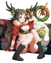 Rule 34 | 1girl, absurdres, animal ears, antlers, arm up, bandaid, bandaid on face, bandaid on forehead, bell, black footwear, black hair, boots, breasts, capelet, christmas, christmas wreath, cleavage, cross-laced footwear, fingerless gloves, fishnet legwear, fishnets, flower, full body, fur collar, gloves, green eyes, highres, horns, huge filesize, knees together feet apart, knees up, large breasts, long hair, original, pigeon-toed, red capelet, red flower, red gloves, red shorts, santa costume, shibainu, short shorts, shorts, sitting, solo, sparkle, sweatdrop, wavy hair, white background, wreath