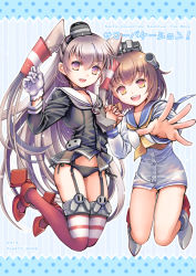 Rule 34 | 10s, 2015, 2girls, :d, amatsukaze (kancolle), artist name, black dress, black panties, blue background, boots, brown eyes, brown hair, collarbone, dress, fang, fingernails, full body, gloves, hair tubes, half updo, head tilt, holding hands, kantai collection, legs up, long hair, long sleeves, looking at viewer, multiple girls, open mouth, outstretched arm, panties, plastic moon, reaching, reaching towards viewer, sailor collar, sailor dress, see-through, shirt, short hair, side-tie panties, single glove, smile, striped, striped background, two side up, underwear, vertical stripes, very long hair, white gloves, white shirt, yukikaze (kancolle)
