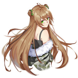 Rule 34 | 1girl, ahoge, bad id, bad pixiv id, bare shoulders, blush, bow, breasts, brown hair, camouflage, camouflage coat, choker, coat, cropped torso, double bun, dress, floating hair, from behind, fur-trimmed coat, fur trim, girls&#039; frontline, green bow, green eyes, hair bow, hair bun, long hair, looking at viewer, looking back, medium breasts, off shoulder, open clothes, rfb (girls&#039; frontline), shoulder blades, sidelocks, simple background, smile, solo, tsuaaa, very long hair, white background