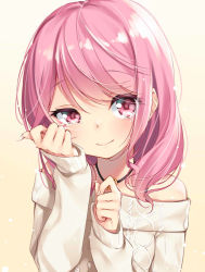 Rule 34 | 1girl, bang dream!, chiyonekoko, clenched hands, crying, hair down, hands up, jewelry, long hair, long sleeves, looking at viewer, maruyama aya, off-shoulder, off-shoulder sweater, off shoulder, pendant, pink eyes, pink hair, smile, solo, sweater, tan background, tears, upper body, white sweater, wiping tears