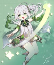 Rule 34 | 1girl, absurdres, ahoge, artist name, bangle, bare shoulders, bloomers, bracelet, cape, cross-shaped pupils, detached sleeves, dress, flat chest, foot out of frame, genshin impact, green background, green cape, green eyes, green sleeves, grey hair, hair between eyes, hair ornament, highres, ice s s z, jewelry, leaf hair ornament, long hair, looking at viewer, nahida (genshin impact), open mouth, outstretched arms, pointy ears, side ponytail, single sidelock, smile, solo, symbol-shaped pupils, toeless footwear, underwear, white dress, white footwear