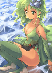 Rule 34 | 1990s (style), 1girl, ass, boots, breasts, cleavage, female focus, final fantasy, final fantasy iv, green eyes, green footwear, green hair, kouno hikaru, large breasts, leotard, matching hair/eyes, aged up, rydia (ff4), solo, thighhighs
