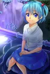 Rule 34 | 1girl, blue eyes, blue hair, blush, female focus, hair bobbles, hair ornament, highres, industrial pipe, kawashiro nitori, matching hair/eyes, no headwear, no headwear, omaehadareda-uso, rock, short hair, sitting, skirt, sleeves rolled up, smile, solo, touhou, tube, twintails, two side up, water