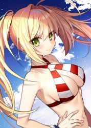 Rule 34 | &gt;:d, 1girl, :d, ahoge, bikini, blonde hair, blue sky, blush, bracelet, breasts, cleavage, closed mouth, cloud, cloudy sky, criss-cross halter, day, fate/grand order, fate (series), floating hair, gambe, green eyes, hair between eyes, hair intakes, halterneck, hand on own hip, jewelry, large breasts, long hair, looking at viewer, navel, nero claudius (fate), nero claudius (fate) (all), nero claudius (swimsuit caster) (fate), open mouth, outdoors, red bikini, revision, sidelocks, sky, smile, solo, striped bikini, striped clothes, swimsuit, teeth, tsurime, twintails, upper body, v-shaped eyebrows, white bikini