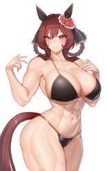 Rule 34 | 1girl, abs, absurdres, alternate costume, animal ears, bare shoulders, bikini, black bikini, blush, braided hair rings, breasts, brown hair, cleavage, commentary request, cowboy shot, ear covers, ear ornament, gentildonna (umamusume), hatch (hatch24601), highres, horse ears, horse girl, horse tail, large breasts, medium hair, muscular, muscular female, navel, simple background, solo, sweat, swimsuit, tail, thighs, umamusume, white background