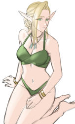 Rule 34 | 1girl, absurdres, bare shoulders, barefoot, bikini, blonde hair, bracelet, breasts, collarbone, commentary, dinelind (drill (emilio)), drill (emilio), elf, green bikini, green eyes, hand on own thigh, highres, jewelry, long hair, looking away, looking to the side, medium breasts, navel, necklace, original, parted lips, pointy ears, simple background, sitting, sketch, solo, swimsuit, white background, yokozuwari