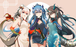 Rule 34 | :d, arknights, black dress, black hair, blue dress, blue eyes, blue hair, breasts, brown background, china dress, chinese clothes, cleavage, cleavage cutout, clothing cutout, commentary request, covered navel, dragon girl, dragon horns, dragon tail, dress, dusk (arknights), grey hair, hair between eyes, haku (grimjin), hand on own hip, highres, horns, ling (arknights), medium breasts, multicolored hair, nian (arknights), open mouth, parted lips, pointy ears, purple eyes, red eyes, red hair, sleeveless, sleeveless dress, smile, streaked hair, tail, two-tone background, white background, white dress