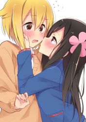 Rule 34 | 2girls, blazer, blonde hair, blue jacket, blush, brown hair, commentary request, eye contact, flower, hair flower, hair ornament, hand on another&#039;s cheek, hand on another&#039;s face, highres, hitori bocchi, hitoribocchi no marumaru seikatsu, imminent kiss, jacket, long hair, long sleeves, looking at another, mole, mole under eye, multiple girls, pink eyes, school uniform, short hair, side ponytail, simple background, sk02, sunao nako, sweatdrop, sweater, white background, yuri