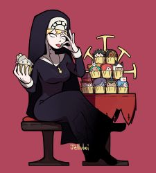 Rule 34 | 1girl, absurdres, blank eyes, cross, cross necklace, crossed legs, cupcake, double (skullgirls), eating, food, habit, highres, holding, jelluboi, jewelry, necklace, nun, open mouth, red background, sitting, skullgirls, solo, stool, table, tablecloth, tongue, tongue out, white eyes