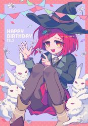 Rule 34 | 1girl, :d, ankle boots, black hat, black jacket, blouse, blue background, blush, boots, border, brown pantyhose, brown shirt, brown vest, collared shirt, commentary request, danganronpa (series), danganronpa v3: killing harmony, dated, dress shirt, hair ornament, happy birthday, hat, highres, jacket, knees up, long sleeves, miniskirt, open mouth, pantyhose, pleated skirt, rabbit, red border, red eyes, red hair, red skirt, sasakama (sasagaki01), shirt, short hair, sitting, skirt, smile, solo, vest, white shirt, witch hat, yumeno himiko
