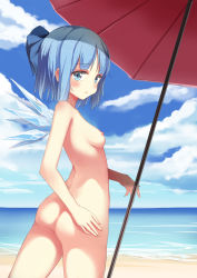 Rule 34 | 1girl, :o, absurdres, anhao, ass, back, beach, beach umbrella, blue bow, blue eyes, blue hair, blue sky, blunt bangs, blush, bow, breasts, cirno, cloud, collarbone, cowboy shot, day, eyebrows, fingernails, from behind, hair bow, hand on own ass, hands on own hips, highres, ice, ice wings, legs apart, long fingernails, looking at viewer, looking back, matching hair/eyes, nipples, nude, ocean, open mouth, outdoors, short hair, sky, small breasts, solo, touhou, umbrella, water, waves, wings