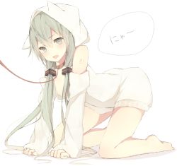 Rule 34 | 1girl, all fours, aqua eyes, aqua hair, bad id, bad pixiv id, bare shoulders, barefoot, blush, breasts, collar, detached sleeves, full body, hatsune miku, hood, leash, long hair, meet neet, nipple slip, nipples, open mouth, simple background, small breasts, solo, tears, twintails, vocaloid