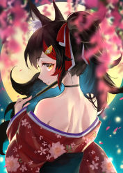 Rule 34 | 1girl, :3, animal ear fluff, animal ears, back, back focus, black choker, black hair, blue hair, blush, choker, closed mouth, floral print, flower, from behind, full moon, gradient hair, hair ornament, hair ribbon, hairclip, highres, holding, hololive, japanese clothes, kimono, kimono pull, long hair, looking at viewer, looking back, misekiss, moon, multicolored hair, night, off shoulder, ookami mio, ookami mio (new year), outdoors, petals, ponytail, print kimono, profile, red hair, red kimono, red ribbon, ribbon, smile, solo, streaked hair, upper body, virtual youtuber, wisteria, wolf ears, yellow eyes