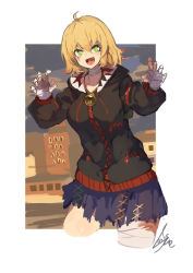 Rule 34 | 1girl, :d, bell, black hoodie, blonde hair, blush, bright pupils, cafe no zombi-ko, commentary request, cowboy shot, fang, green eyes, hands up, highres, hood, hood down, hoodie, jingle bell, lansane, long sleeves, looking at viewer, open mouth, purple skirt, scar, scar across eye, scar on face, short hair, signature, sketch, skirt, smile, solo, standing, torn clothes, torn skirt, virtual youtuber, zipper, zombi-ko channel