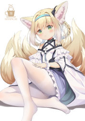 Rule 34 | 1girl, aliter, animal ear fluff, animal ears, arknights, bare shoulders, blonde hair, blouse, blue hairband, blush, braid, braided hair rings, breasts, closed mouth, commentary request, fox ears, fox girl, fox tail, frilled skirt, frills, green eyes, hair between eyes, hair rings, hairband, highres, infection monitor (arknights), kitsune, multicolored hair, no shoes, pantyhose, purple skirt, shirt, sidelocks, skirt, small breasts, smile, solo, suzuran (arknights), tail, thighband pantyhose, twin braids, two-tone hair, white background, white hair, white pantyhose, white shirt