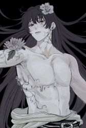 Rule 34 | 1boy, aoiaoi 26, arborification, aza touma, black background, black hair, collarbone, highres, jigokuraku, long hair, looking at viewer, looking to the side, male focus, simple background, solo, topless male